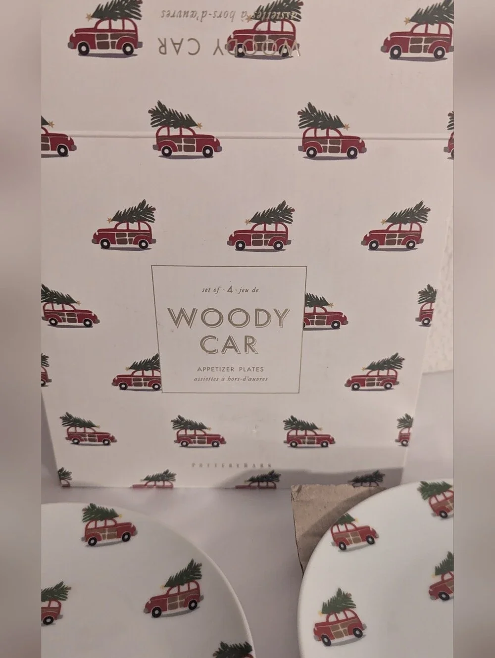 Pottery Barn Woody Car with tree on top Appetizer Plates 7